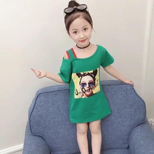 2021 Summer Long Green T Shirt Baby Girls Fashion Clothes Cotton Short Sleeve Dress for Little Girls Children 2 3 4 5 6 7 8 Y