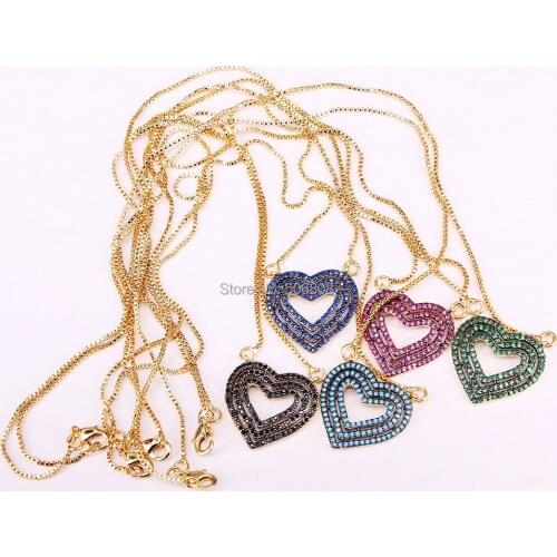 6PCS ZYZ334-6423 Mix color Cubic zirconia micro pave cz Heart Pendant Necklace, Gold color Heart Charms Jewelry