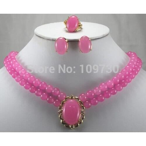FREE SHIPPING>>@> Jewelry 00837 nice double rows 8mm pink stone necklace pendant earrings ring set Natural jewelry