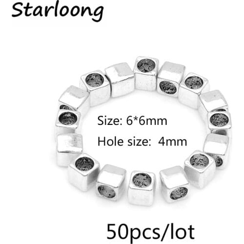 50pcs/lot zinc alloy vintage antique silver plated square charm spacer beads DIY jewelry making for bracelet necklace