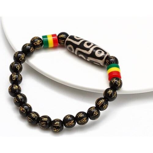 Elastic Tibetan Black Stone Beads Bracelet Men Women Dzi Mantra Amulet Wristband Good Luck Buddhist Meditation Jewelry Couples