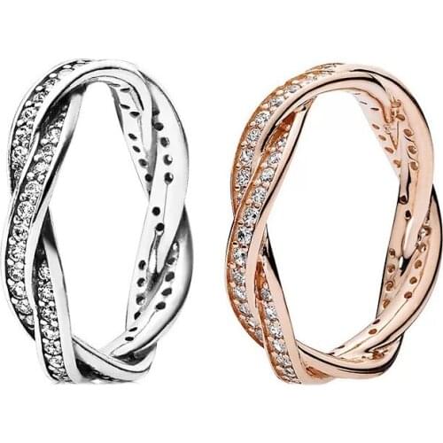 Free shipping 925 Sterling Silver Sparkling Twisted Lines Rings CZ Crystal For Women European Original DIY Jewelry
