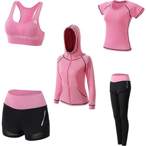 Gym 5 Piece Yoga Sets Outdoor Mlothes Womens Sports Suits Quick-drying High-waist Large Size Gym Clothes Running Fitness Suits