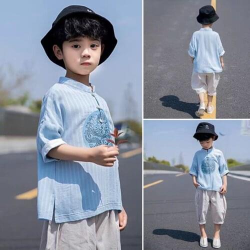 Boys and girls Hanfu Tang suit summer clothes 2021 new children 1 set Chinese style cotton and linen thin childrens summer