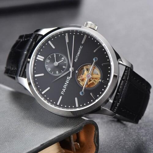 PARNIS New Black 43mm Self Winding Men Watch Hollow Dial Automatic Movement Leather Strap