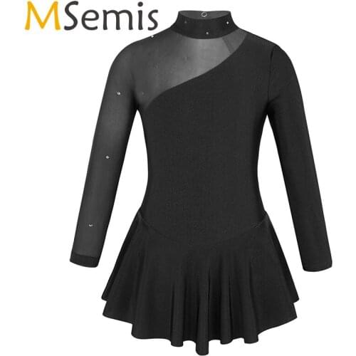 Figure Skating Dress Ballet Leotard for Girls Long Sleeves Mock Neck Tulle Splice Cutouts Back Ice Roller Skating Dance Dress