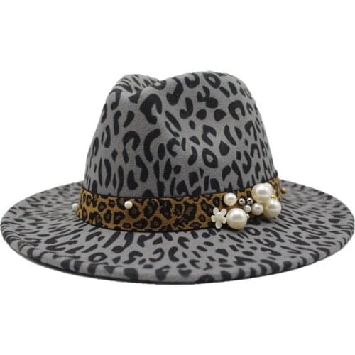 Seioum British Leopard Print Wool Felt Jazz Fedora Hats with Belt Buckle Men Women Wide Brim Trilby Panama Party Formal Top Hat