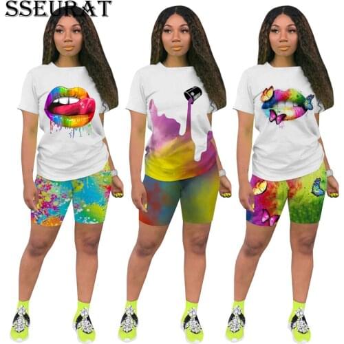 SSEURAT Print Short Sleeve Workout T-shirts and Sport Biker Shorts Streetwear Women Two Piece Tracksuit