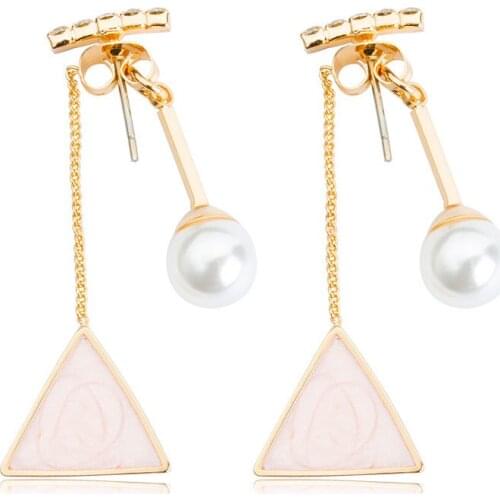 Light Pink & Blue Triangle Simulated Pearl Chains Stick Pendant Geometric Dangle Earrings Women Drop Earrings