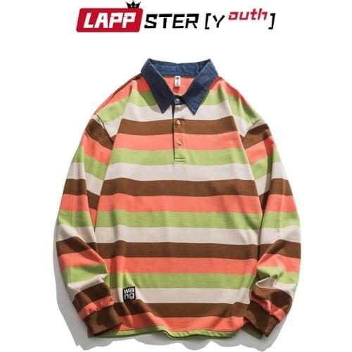 LAPPSTER-Youth Men Striped Harajuku Hoodies 2020 Autumn Korean Fashion Vintage Style Sweatshirts Turn-down Collar Casual Hoodie