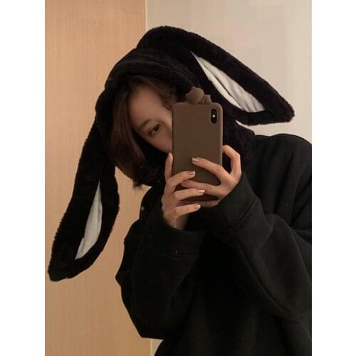 Ruibbit New Arrival Autumn Winter Cute Rabbit Ear Hooded Top Women All-match Sexy Solid Black Sweatshirt Hoodie
