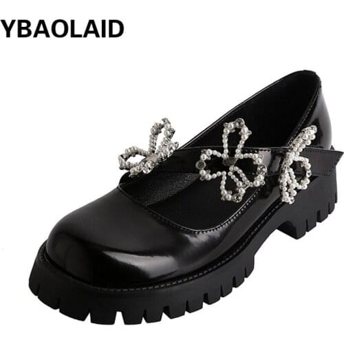 Retro Flowers Rhinestone Platform Shoes 2021 New Solid Color Round Toe Word with Thick Heel Mary Jane Small Leather Shoes