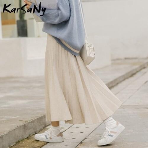 KarSaNy Long Pleated Skirt Spring Knitted High Waist A-line Skirts Womens Long Gray Office Maxi Skirt For Women Spring Autumn