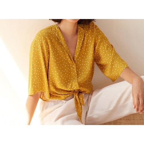 Women Shirt Yellow Dot Tie Shirt 2019 Summer Autumn Fresh Yellow Base White Dot Medium Sleeve Shirt