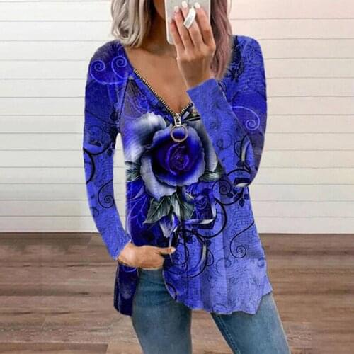 Women Long Sleeve V-neck Rose Printing T-Shirts Loose Fashion Autumn Zipper Shirts Plus Size Ladies Tops