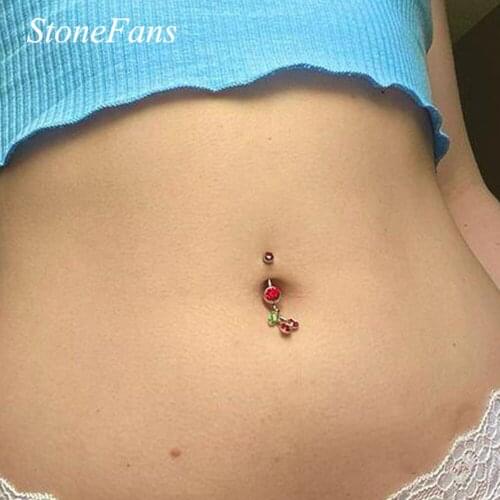 Stonefans Anti Allergy Fashion Sexy Piercing Cherry Navel Nail Body Jewelry Crystal Belly Button Rings for Women Wholesale Gift