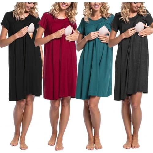 Women Pregnant Short Sleeve Solid Nursing Baby Nightdress Breastfeeding Dress Maternity Pajama Clothes Femme Enceinte