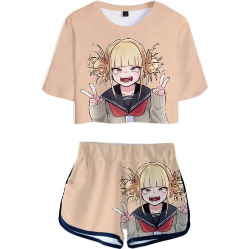 3D Comic My Hero Academia Womens Two Piece Sets New Exposed Navel t shirt and Shorts Casual Summer Girls Cartoon Pink Suits