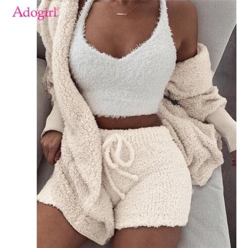 Adogirl Women Fleece Plush Casual Two Piece Set Long Sleeve Hooded Cardigan Coat Autumn Winter Outwear + Shorts Fashion Outfits