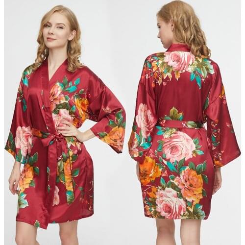 Women Silk Satin Floral Robe Bridesmaid Bride Robes Wedding Bridal Mother Sister Gown Bathrobe Dress Sleepwear Plus Size Belt