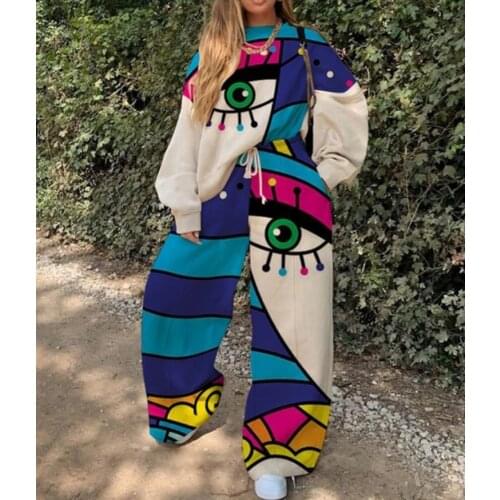 Women Fashion Sweatshirt Set 2021 Thin Loose S-3XL Oversize Casual Tracksuit 2 Pieces Cartoon Print Pullover And Wide Leg Pant