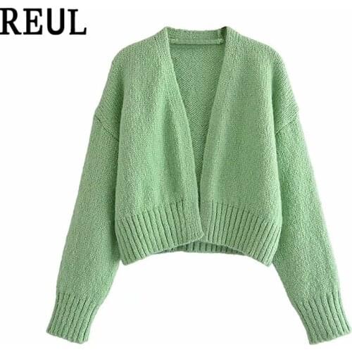 REUL Za Women 2021 Fall Fashion Cropped Loose Knit Cardigan Sweater Vintage Long Sleeve Elastic Hem Female Outerwear Chic Tops