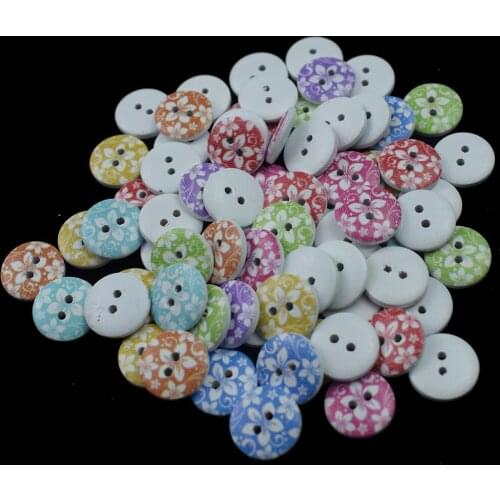 100PCS 15MM Mixed Multicolor Flowers Pattern Round 2 Holes Wooden Sewing Buttons Crafts and Scrapbooking Random Wood Buttons