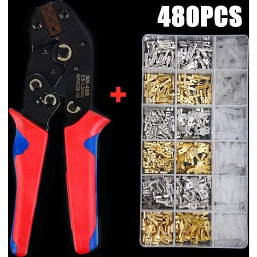 480PCS 2.8/4.8/6.3mm Universal Spring Plug Wire Crimped Crimping Hand Tool Connection Terminals Electrical Insulated + 1PC Plier
