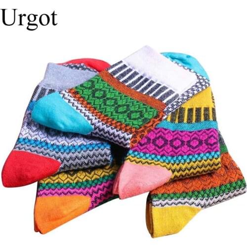 Urgot 5 Pairs Womens National Style Autumn Winter In The Tube Socks Women Cotton Thicked Retro Thick Line Hit Color Socks Meias