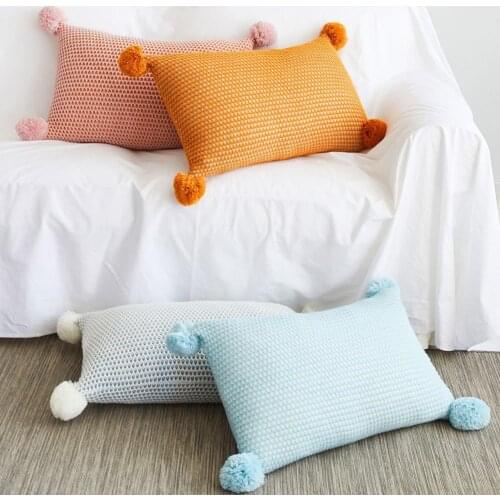 Abstract Knitted Cushion CoverYellow Pink Blue Solid Pillow Case With Pom Pom For Sofa Bed Home Decorative 35*55cm Pillow Cover