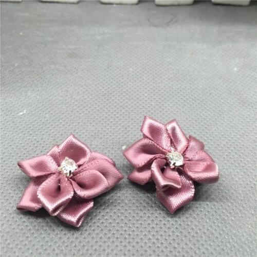 50pcs Satin Ribbon Flower with Crystal Bead Appliques purple&red