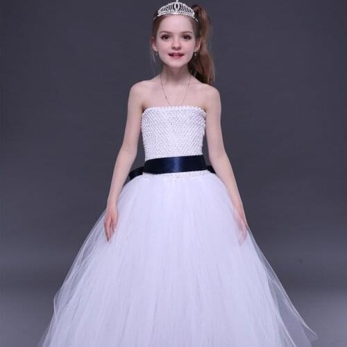 White First Communion Girls Tutu Dress With Ribbon Straps Pageant Kids Girls Fluffy Prom Dress For Party Photo props