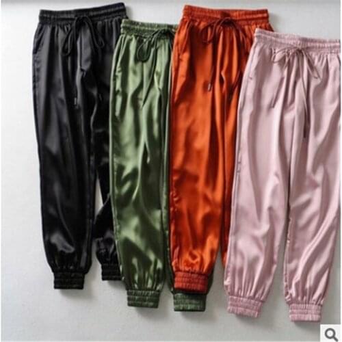 Women Multicolor Satin Vintage Pencil Pants High Waist Drawstring Elastic Waist All Match Casual Pants 2021 Spring Women Pants