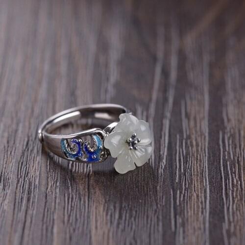FNJ Hetian Jade Rings 925 Silver Adjustable Size Popular S925 Solid Silver Ring for Women Jewelry Fine Flower