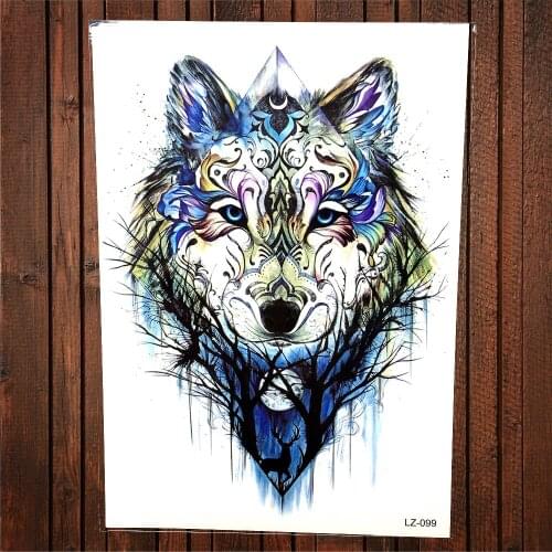 Hot Watercolor Geometric Tribal Wolf Painting Drawing Temporary Tattoo Stickers For Women Men Body Art Water Transfer Tattoo