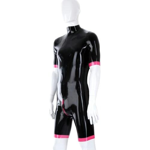Half Sleeve Latex Catsuit Sexy Rubber Bodysuits Half Pants Men’s Black Tight Clothing Fetish Jumpsuit Athletic Wear