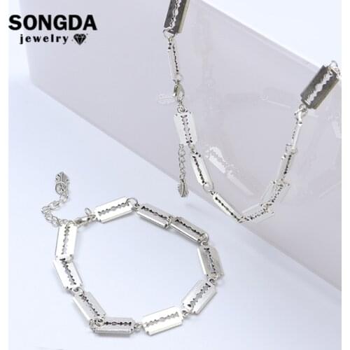 Fashion Silver Zinc Alloy Blade String Necklace Bracelet Mens Razor Shape Steel Chain Avant-garde Artist Jewelry Set Wholesale