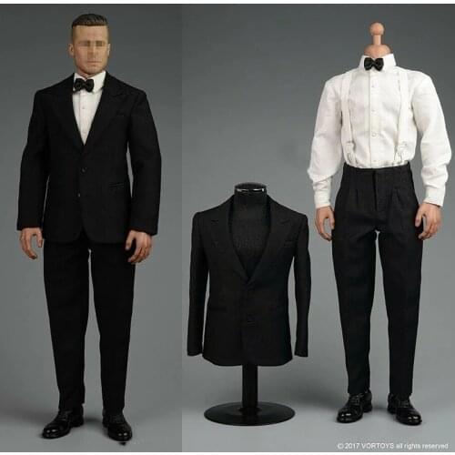 V1009A 1/6 Male Black Gentleman Suits Business Formal Clothes Set Costume 12'' Action Figure Nude Body