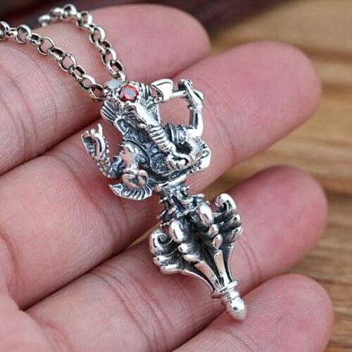 100% 925 silver Tibetan Dorje pendant sterling Buddhist Dorje Amulet pendant Tibetan Ganesh Wealth Buddha Pendant