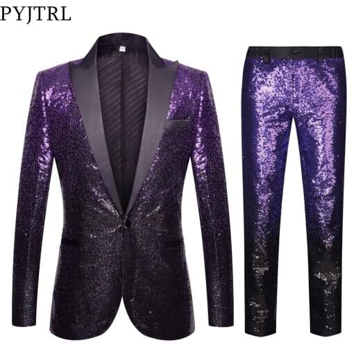 PYJTRL Men Stylish Gradual Change Suit Purple Black Sequins Blazer With Pants Jacket Party Wedding Singers Costume