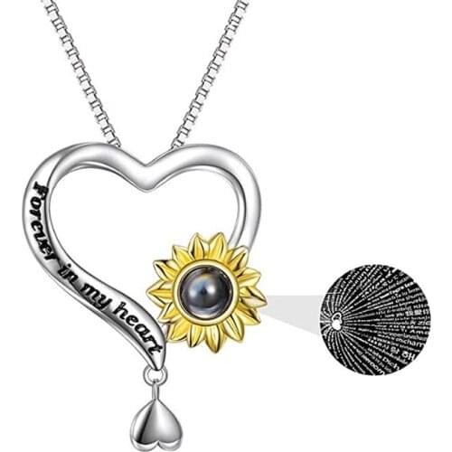 Fashion Heart Shape Pendant Necklace Creative 100 Languages I Love You Projection Memory Chain Necklace Women Sunflower Jewelry