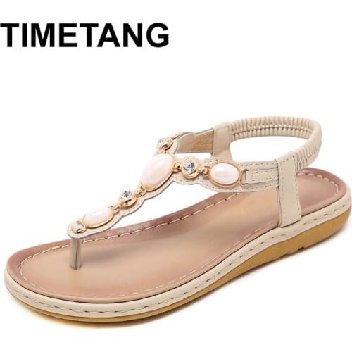 TIMETANG Women Wedding Bridal Shoes Casual Summer Casual Flats Bohemia Boho Rhinestone Crystal String Beaded Shoes Beach Sandals