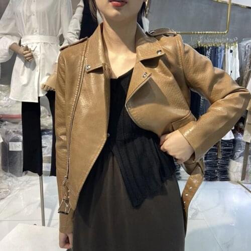 Spring Autumn 2021 Women Korean Slim Short Brown Faux PU Snake Pattern Leather Coat With Belt Streetwear Plus size Biker Jacket