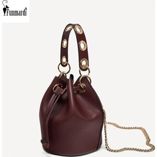 FUNMARDI New Fashion Drawstring Chain Bucket Bags PU Leather Female Shoulder Bags Luxury Designer Women Totes Hand Bags WLHB2309
