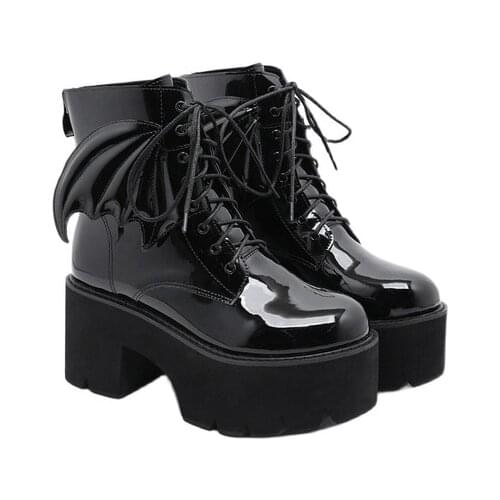 Mr Co New Fashion Angel Wing Ankle Boots High Heels Patent Leather Womens Platform Boots Punk Gothic Sexy Model Shoes Prefect