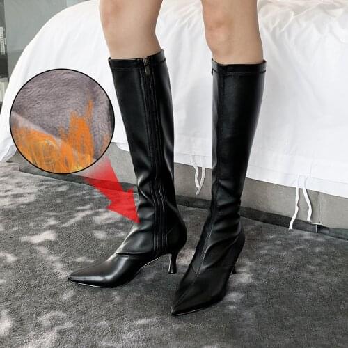 Plus Size 34-43 New Knee High Boots Women Long Booties Pointed Toe Fashion Shoes Female Zip High Heels Party Shoes Ladies Boots