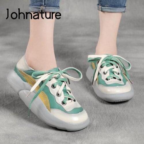 Johnature Women Sneakers Genuine Leather Lace-Up Mixed Colors 2021 New Autumn Concise Comfortable Leisure Platform Sneakers