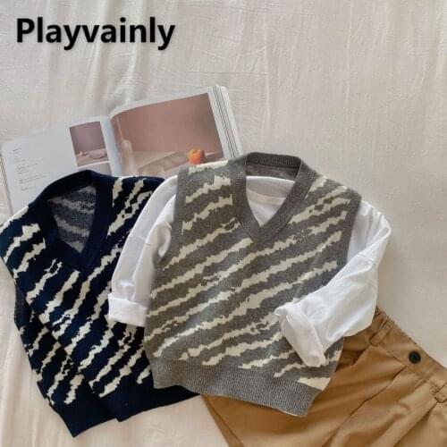 2021 Hot Sale New Autumn Boys Girls Vest Patchwork V-neck Ripple Waistcoats Pullover Knit Sweaters Kids Wool Clothes E7281