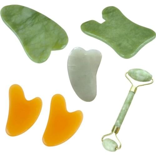 2 in 1 Green Roller and Gua Sha Tools Set by Natural Jade Scraper Massager with Stones for Face Neck Back and Jawline Hand Tools