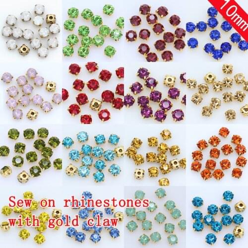 36pc 10mm Sew on crystal glass Rhinestone Flatback Diamante Diy Decorative Gold Cup Claw 4-holes Sewing Beads craft clothes